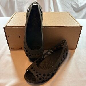 Crocs Adrina Peep Toe Flat Womens Size 6 Black Smoke Jelly Cutout Comfort Shoe